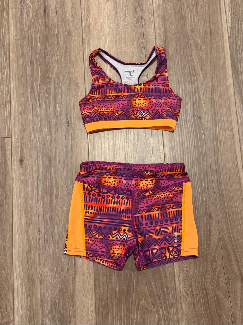 Reebok Girls' Purple & Orange Geo Print Sports Bra and Shorts Set